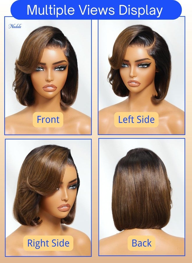 Nadula Glueless Bye Bye Knots Short Bob Drawstring Wig human Hair with Blow Out Bangs, Black to Chestnut Brown Ombre Pre Cut 7X5 HD Lace Front Wigs Pre Plucked Bleached Knots Ready to Wear 10inch - Image 3